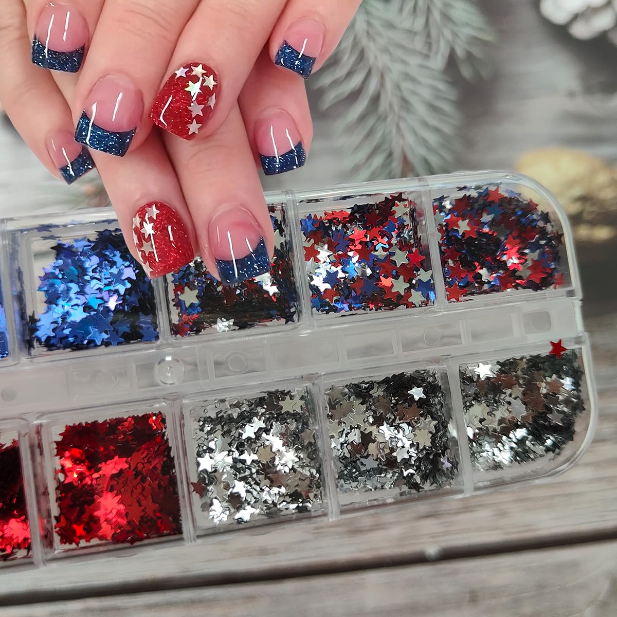 4th of July Nail Art Glitter Sequins 3D Holographic Nail Flakes Red Silver Blue American Flag Nail Art Design Shiny Star Nail Glitter for Acrylic Nails,Independence Day Manicure Decoration Accessories