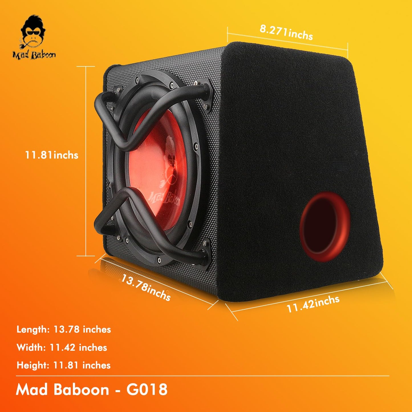Amazonian cars 10"" 1000W Edition Active Car Subwoofer, Includes Loaded Enclosure with Amplifier (Subwoofer-B), Red