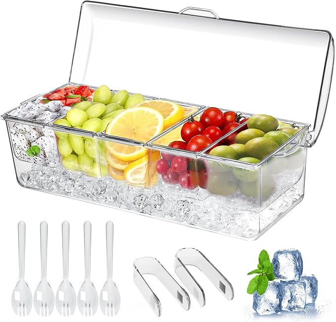 Large Ice Chilled Condiment Caddyï¼Chilled Condiment Containers Server with Lids for 5 Removable Compartments (2.5 cup)ï¼Serving Platters, Fruit & Garnish Tray for Party Supplies & Bar Accessories