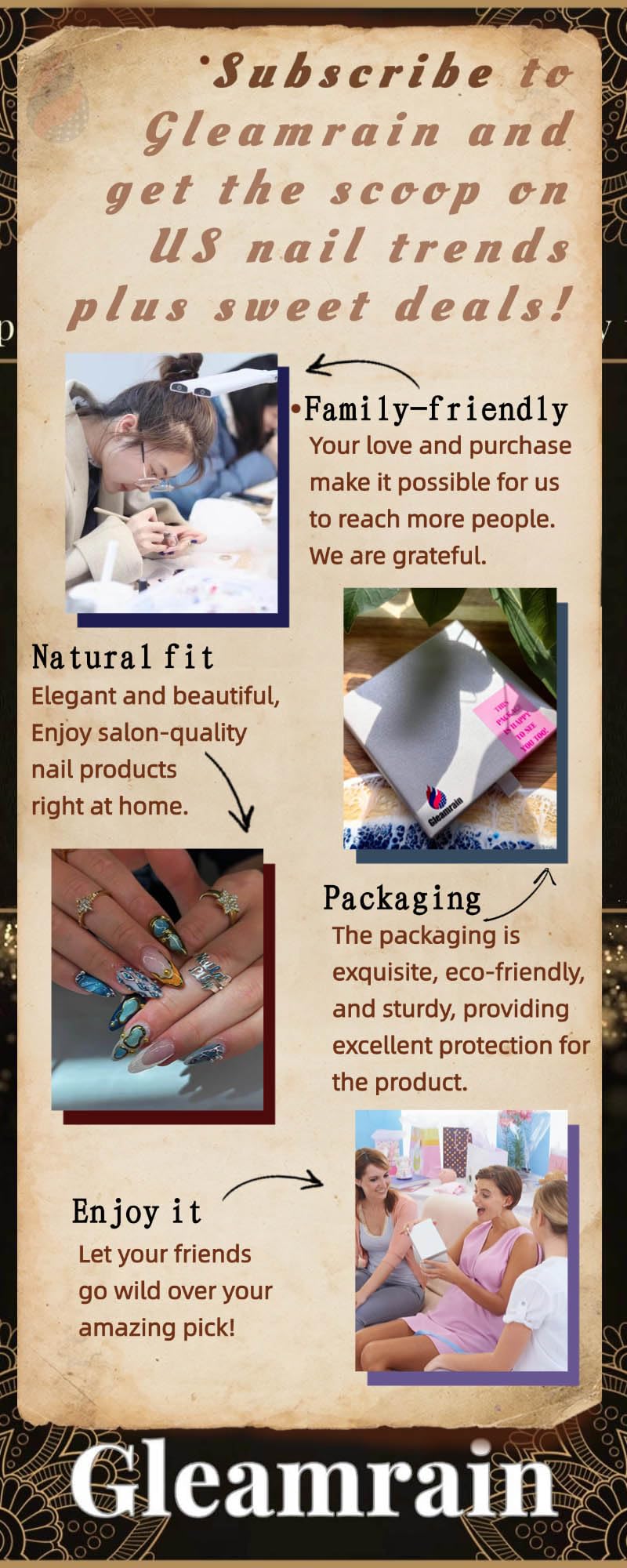 Gleamrain Handmade Press on Nails Almond Shape M Size/Gleamrain Luxury Medium Hand Made Nails with Design for Women 10Pcs by P10