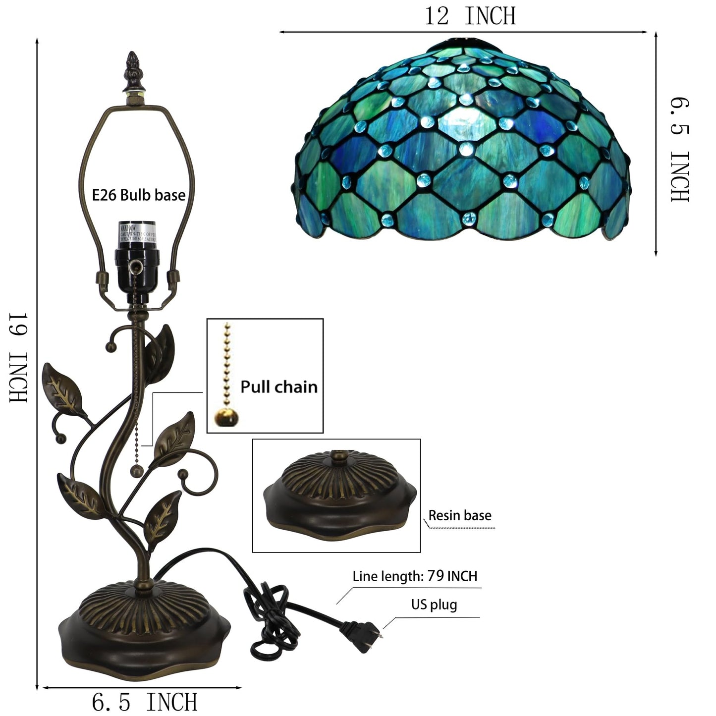 LXHCYOU Tiffany Table Lamp, Stained Glass Desk Light, W12H19 Inch, Metal Leaf Base (Sea Blue Pearl Style)