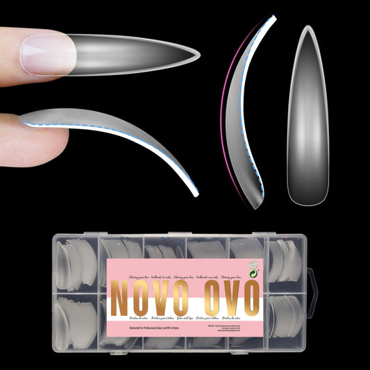 NOVO OVO Halloween XXL Curved Almond Stiletto Nail Tips Press on Full Cover, Soft Gel X Extra Thick Long Acrylic Hawk Curve Fake Nails Extension, Clear Pre-etched French False Nail 12 Sizes 240 Pcs