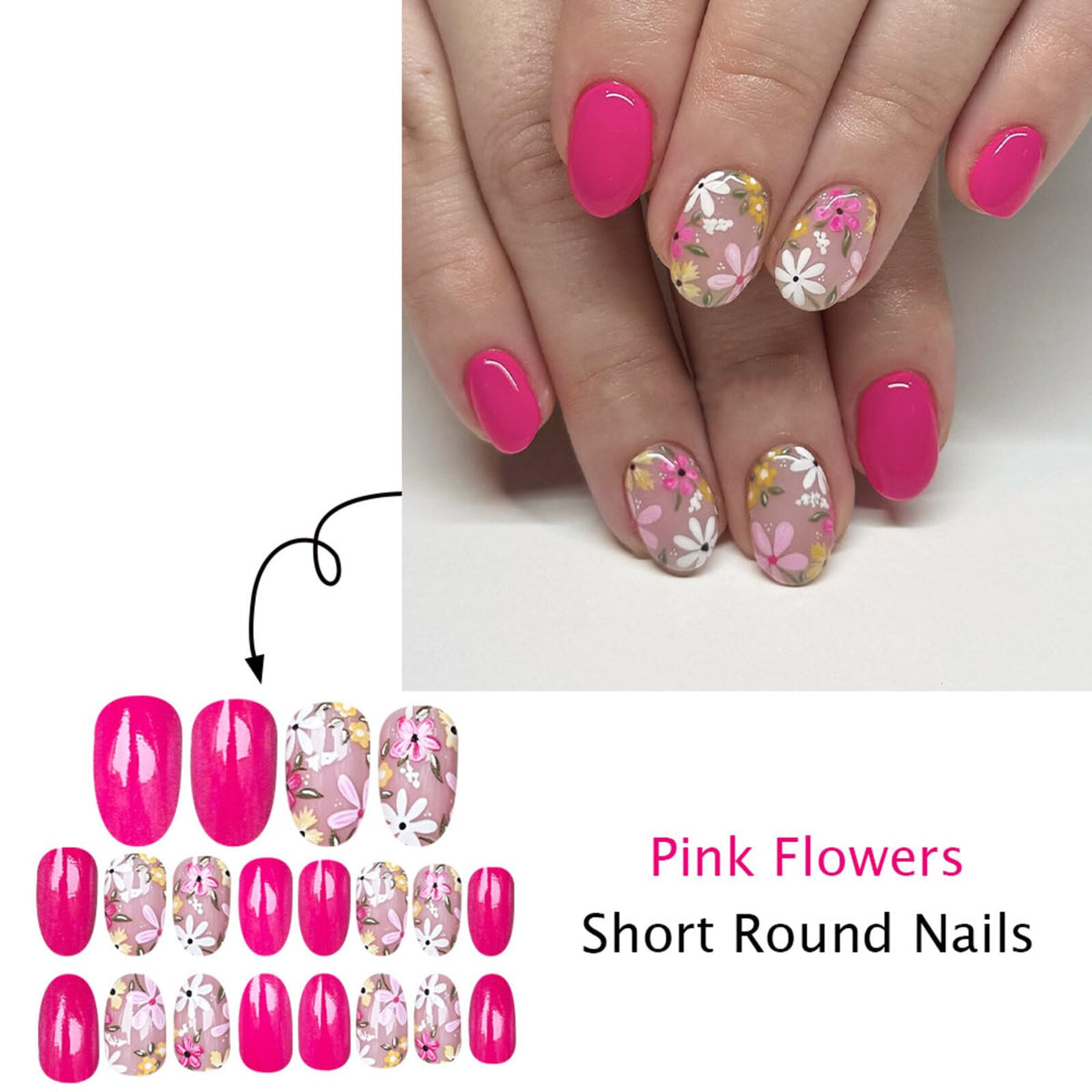 Floral Medium Oval Press on Nails Neon Pink Base Pastel Multi-color Floral Accents Glossy Finish Reusable Spring Nails Easy Fashion Party Wear Durable Trendy Women Girls Nail Art 24 Pcs