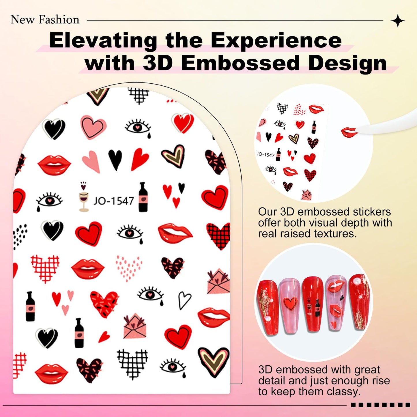 12 Sheets Valentine's Day Nail Sticker for Nails Art 3D Embossed Self-Adhesive Pink Red Love Heart Lips Valentine's Day Nail Decal Design Supplies for Women DIY Manicure Art Decoration YX1241