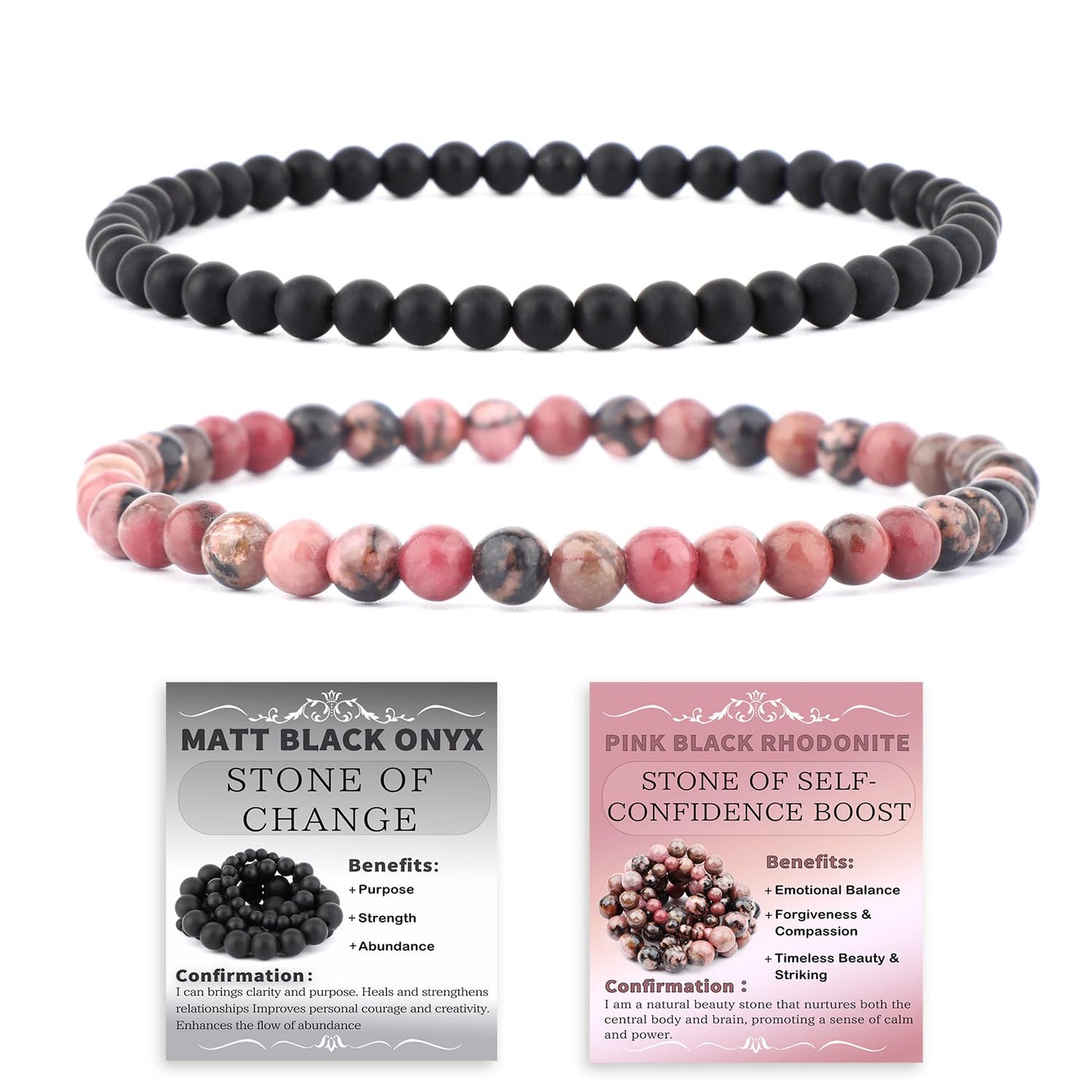 NCB 2-Piece 4mm Natural Crystal Gemstone Stretch Bracelets – ﻿Pink Black Rhodonite, Matte Black Agate Handmade Reiki Energy Healing Jewelry for Meditation,Yoga, Unisex