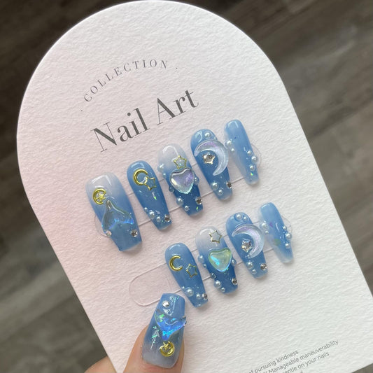 10 Pcs Blue Coffin Press on Nails Handmade Fake Nails with 3D Heart, Moon, Star Nail Art Design Reusable False Nails Kit Handmade Acrylic Nails Press ons Medium Holiday Stick on Nail for Women (S)