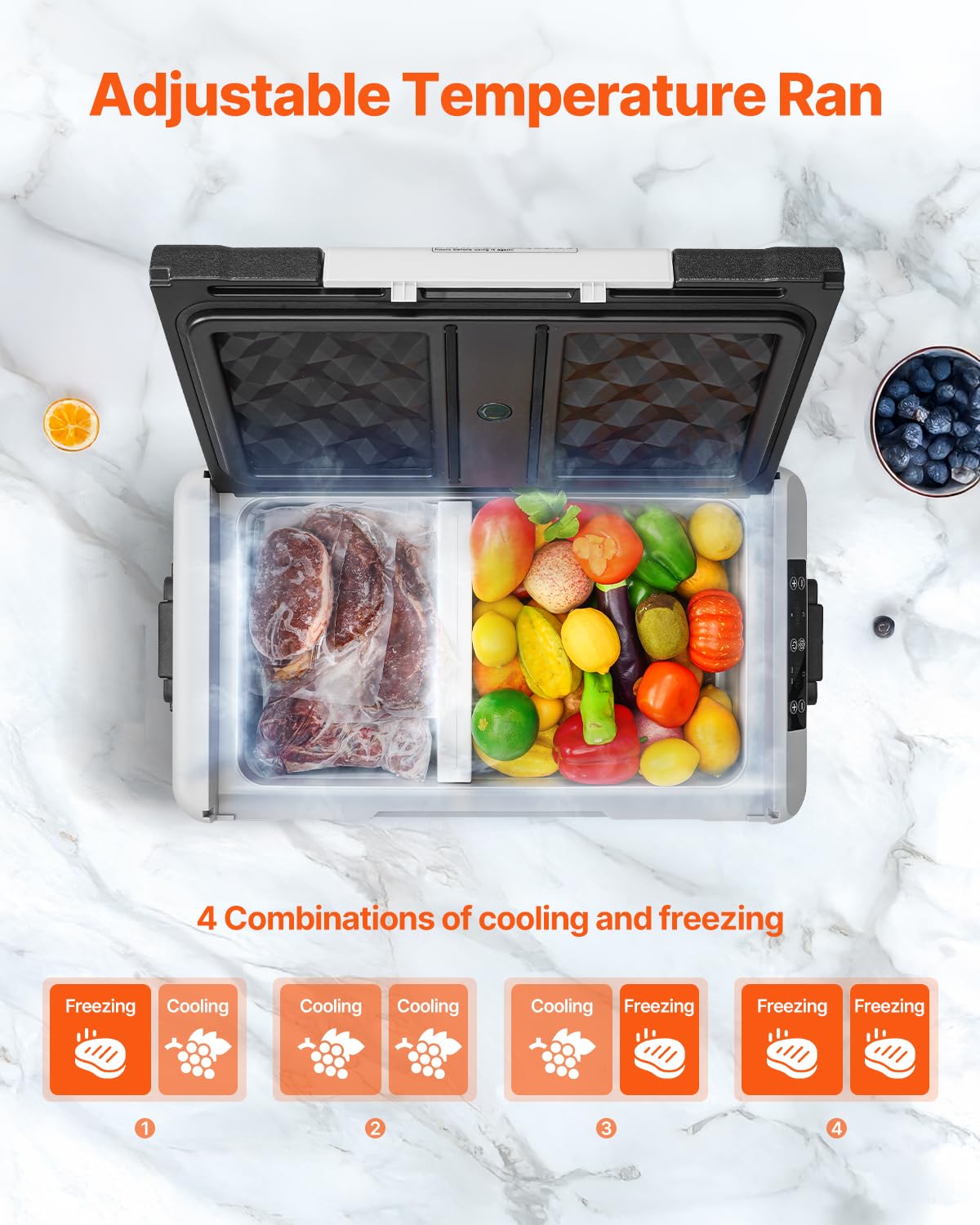 VEVOR Car Refrigerator, 12 Volt Car Refrigerator Fridge, 58 QT/55 L Dual Zone Portable Freezer, -4℉-50℉ Adjustable Range, 12/24V DC and 100-240V AC Compressor Cooler for Outdoor, Camping, Travel, RV