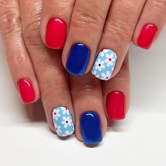 Flower Press On Nails Square Short Fake Nails Acrylic Nails Press Ons Blue Red False Nails With White Flowers Designs Full Cover Glue On Nails Glossy Spring Summer Stick On Nails For Women