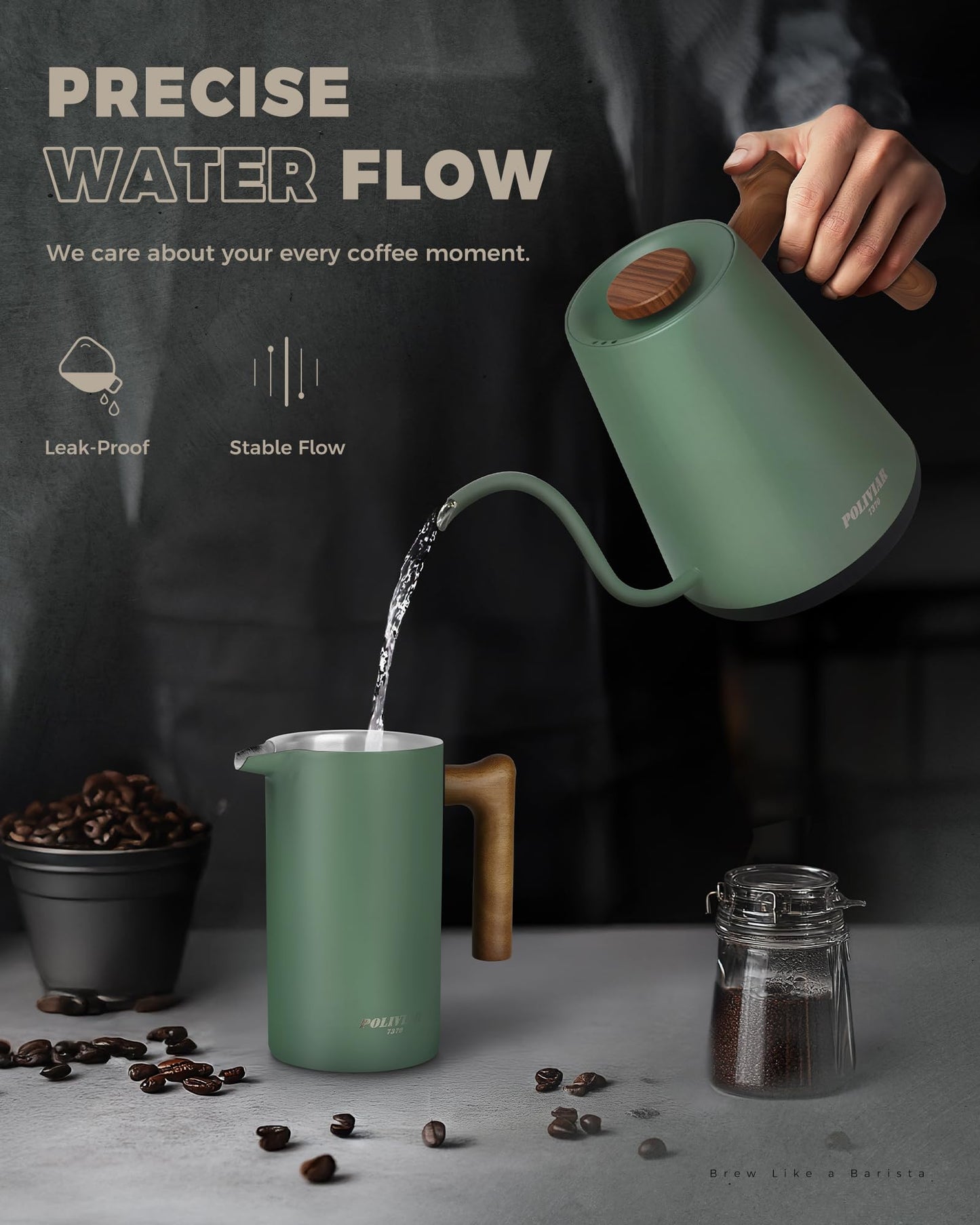 POLIVIAR Electric Gooseneck Kettle, 1350W Electric Tea Kettle Wood Pattern Handle, 34oz Pour Over Electric Kettle for Coffee & Tea, 18/8 Stainless Steel Inner, Temperature Control & Rapid Heating
