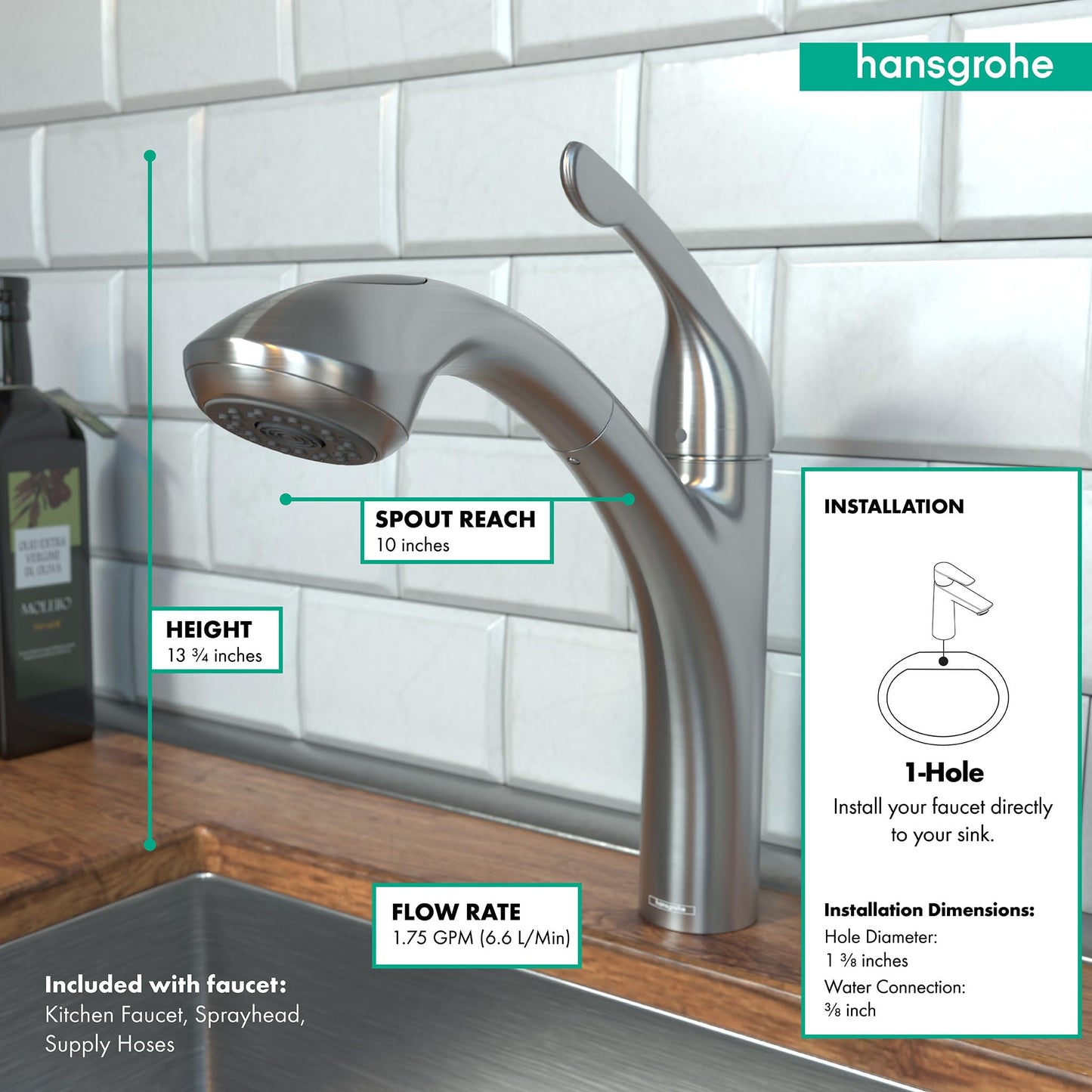 hansgrohe Allegro E Stainless Steel Single-Handle Kitchen Faucet, Kitchen Faucets with Pull Out Sprayer, Faucet for Kitchen Sink, Stainless Steel Optic 04076860, 12.6" Height
