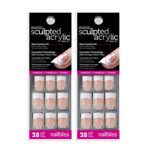 Dashing Diva Sculpted Acrylic French Tip Manicure Bundle - Classic Nude, Medium Square - Salon Quality, Easy to Apply, Long-Lasting Press-On Nails - Contains 2 Sets of 28 Glue On Nails