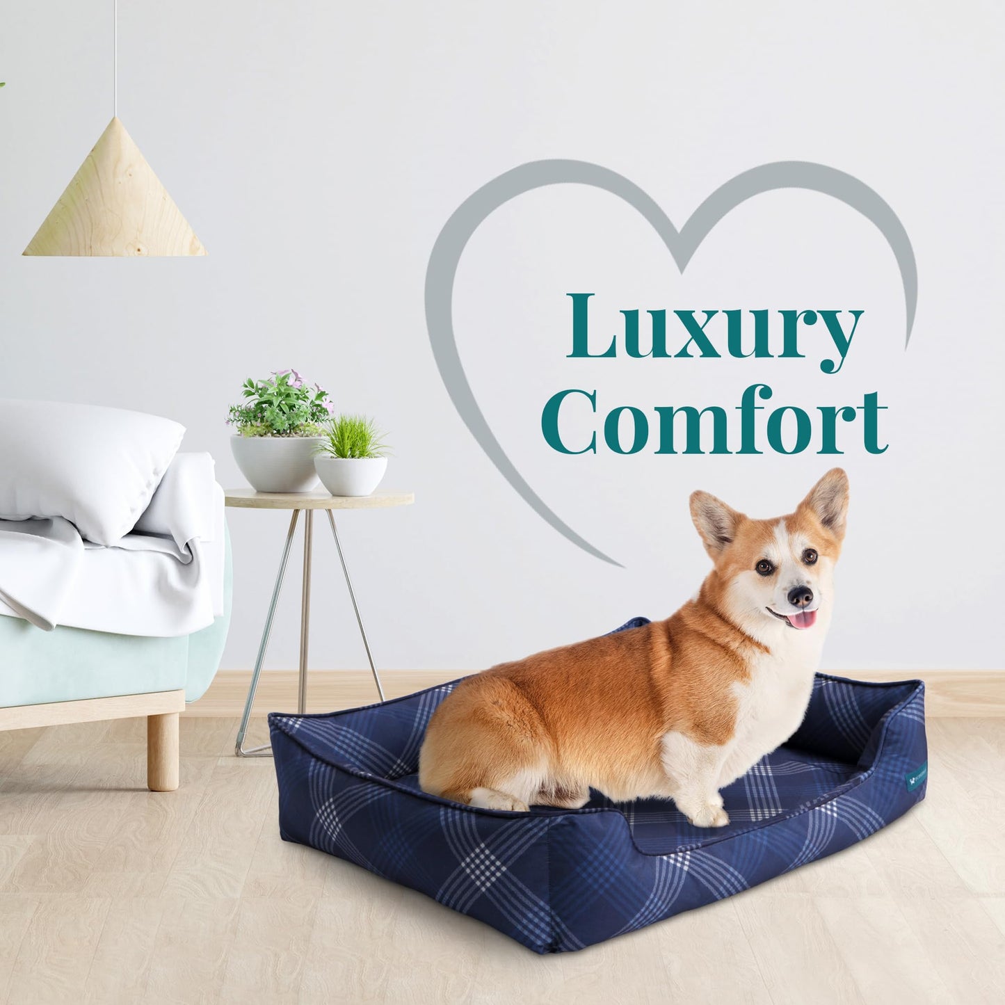Pupstilo Orthopedic Bolster Dog Bed – CertiPUR-US Foam, Recycled Polyester Canvas, Washable Cover, Anti-Slip Bottom, Large, Navy Plaid – Stylish Designer Dog Sofa