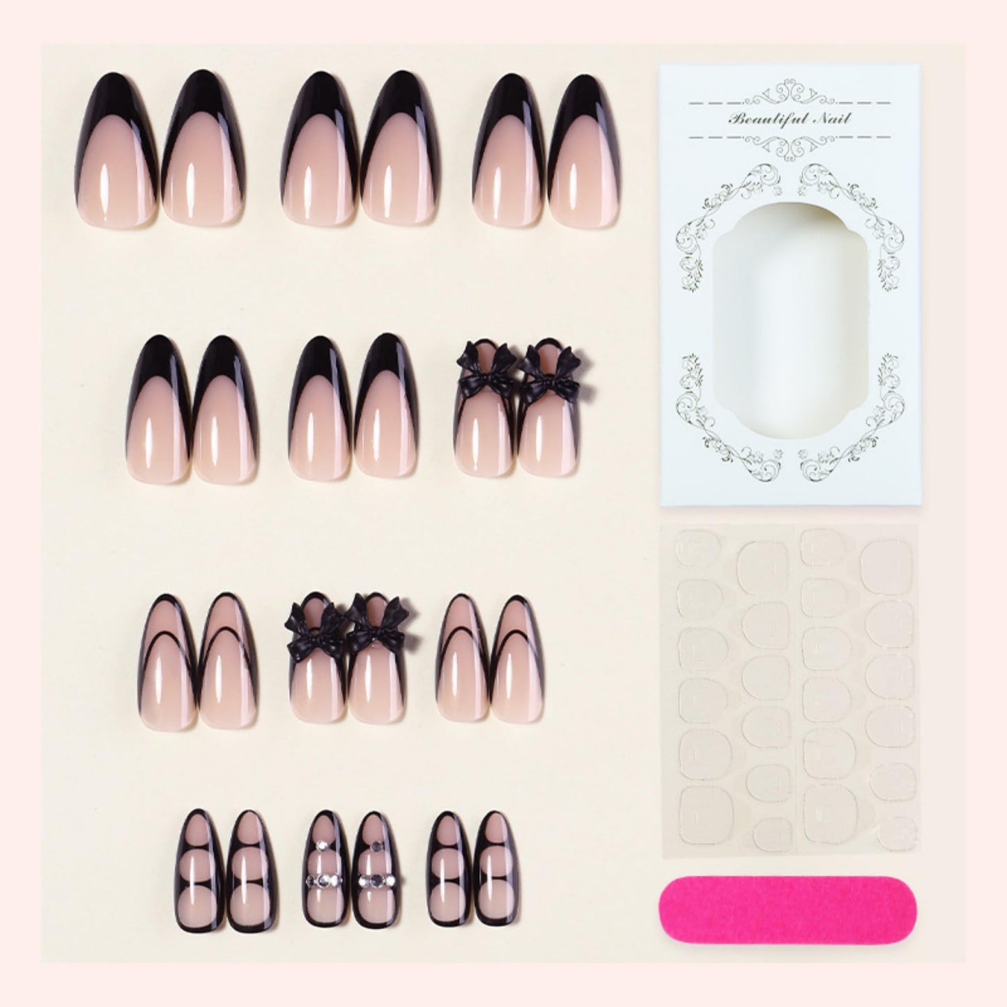 Long Press on Nails Almond Fake Nails Black Acrylic Nail Press ons SEENEEY Bow French Stick on Nail for Women 24pcs