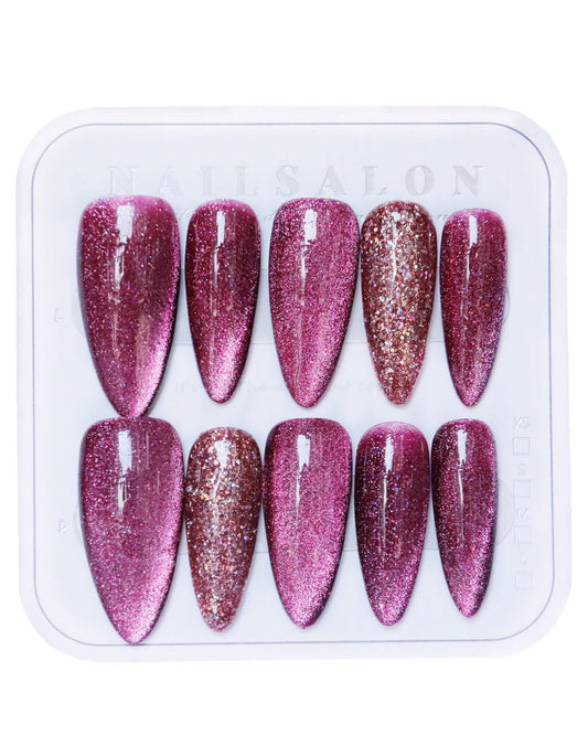 CAMILCY Press on Nails Handmade Nails Luxury Reusable Fake Nails For Girls long Almond Armor Cat's Eye Rose Red Diamonds HandPainted Salon Loveful Design Acrylic GelUV Finished 3DNails 10PCS (A027, M)