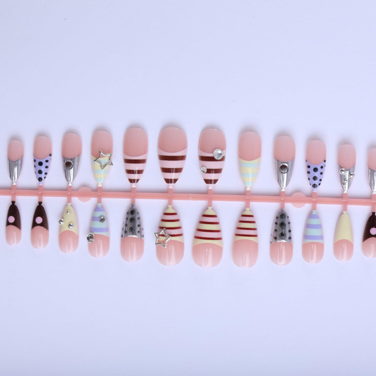 Long Press on Nails Almond Fake Nails Acrylic Nail Press ons Seeneey Silver Charm Y2K Rhinestones Designs Beach Stick on Nail for Women 24pcs