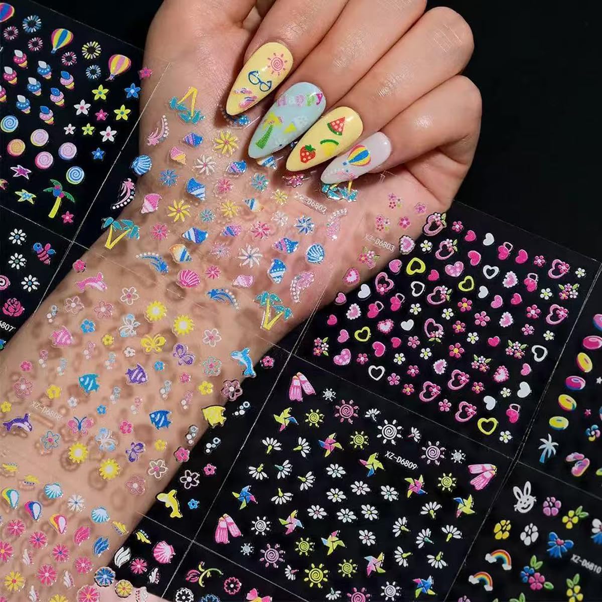 30 Sheets Summer Nail Stickers for Nail Art Beach 3D Self-Adhesive Sea Wave Nail Decals Flower Butterfly Design Watermelon Nail Art for Women DIY Manicure Decorations Supplies