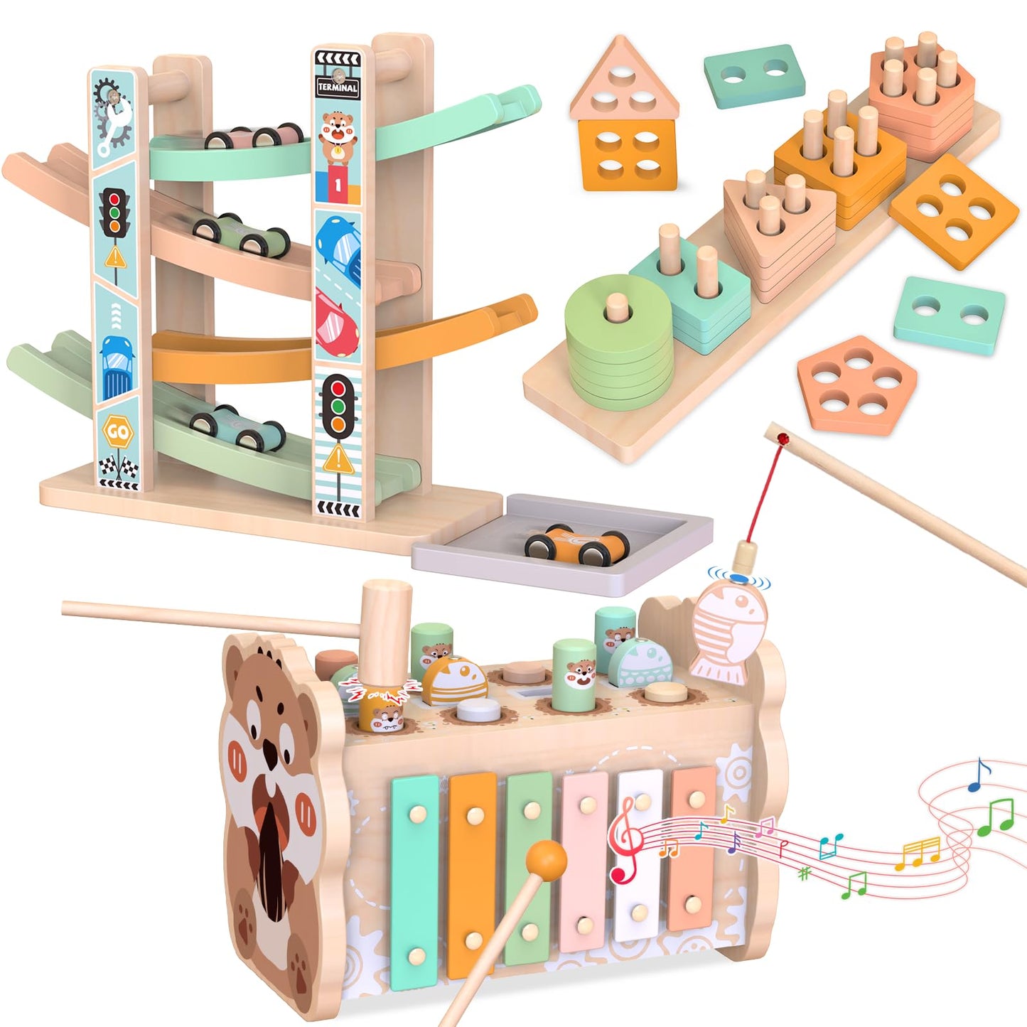 Wooden Montessori Toys for 1 Year Old, Pounding Hammering Toy with Xylophone & Fishing Game, Car Ramp Toy, Stacking Blocks & Shape Sorter 3 in 1 Wooden Toddler Toys 1 2 3 for Christmas Easter Gifts