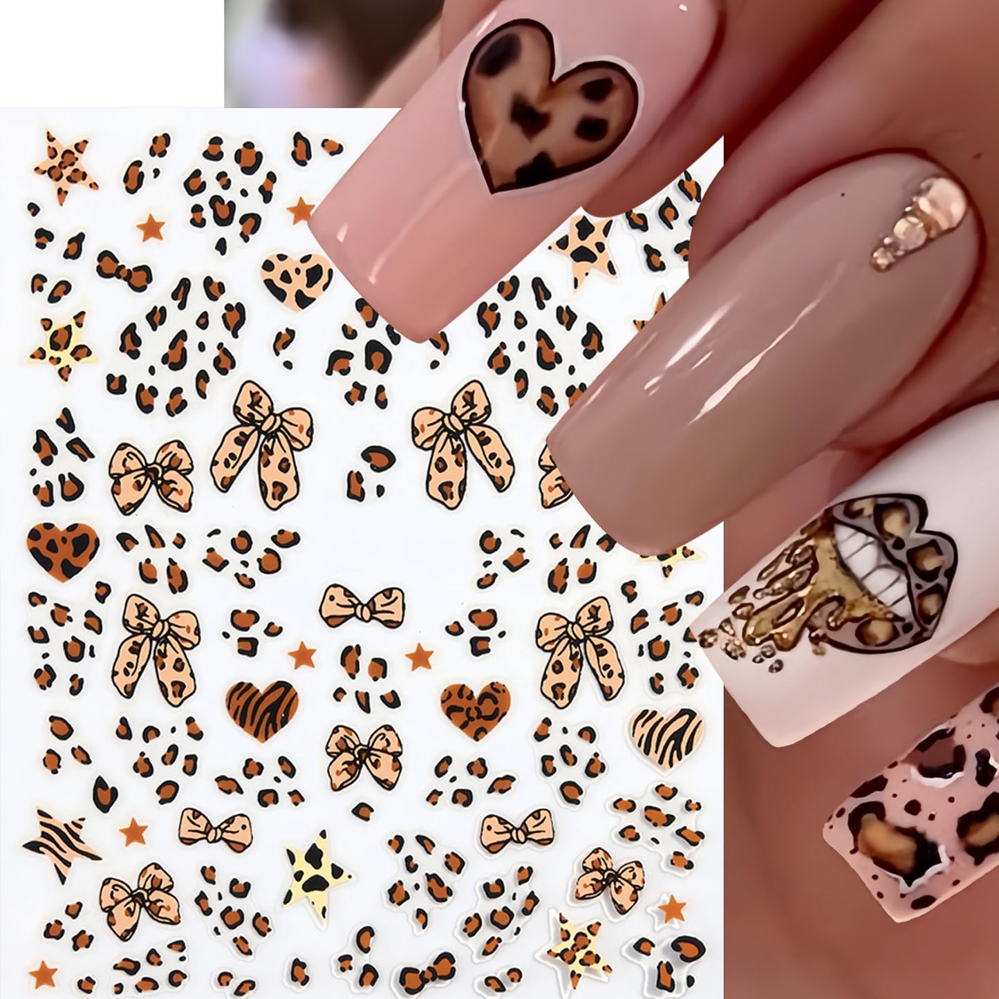 6 Sheets Leopard Print Bow Nail Stickers 3D Self-Adhesive Brown White Bow Tie Nail Decals Cute Bow Star Heart Nail Design Valentines Manicure Accessories Nail Art Stickers for Women Nail Decorations