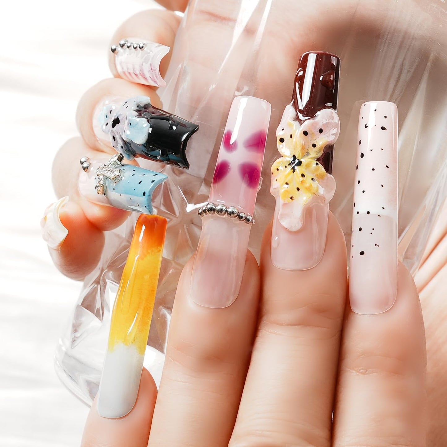 Tesytto Long Square Press on Nails - Luxury Handmade French Tips Press on Nail with 3D Flowers & Rhinestones Cross Design，Multi-Layer Gel False Nails for Women (Ice Crystal Water Lily,S)