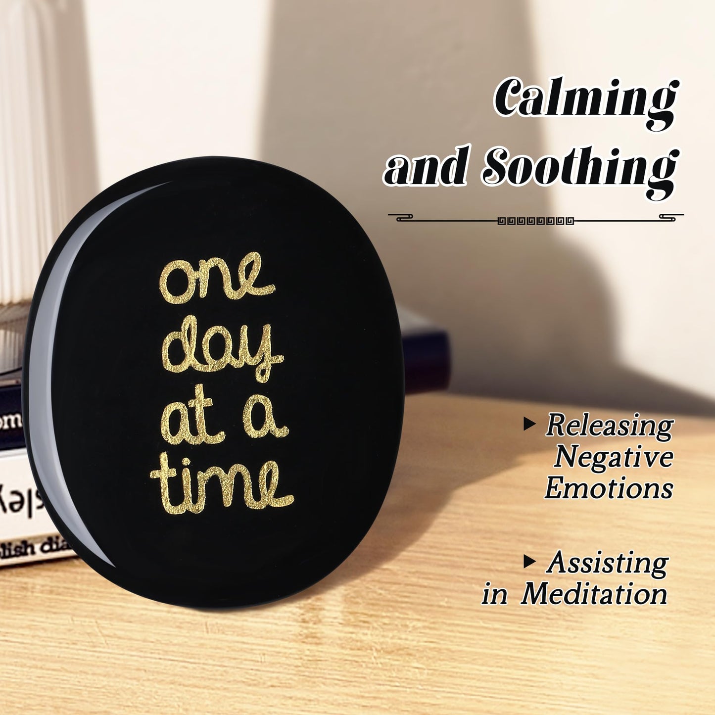 QINJIEJIE One Day at A Time Black Obsidian Worry stone Healing Crystal Thumb Stone Thinking of You Gifts for Anxiety Relief Items You Got This Inspirational for Friend Encouragement Gift for Women Men
