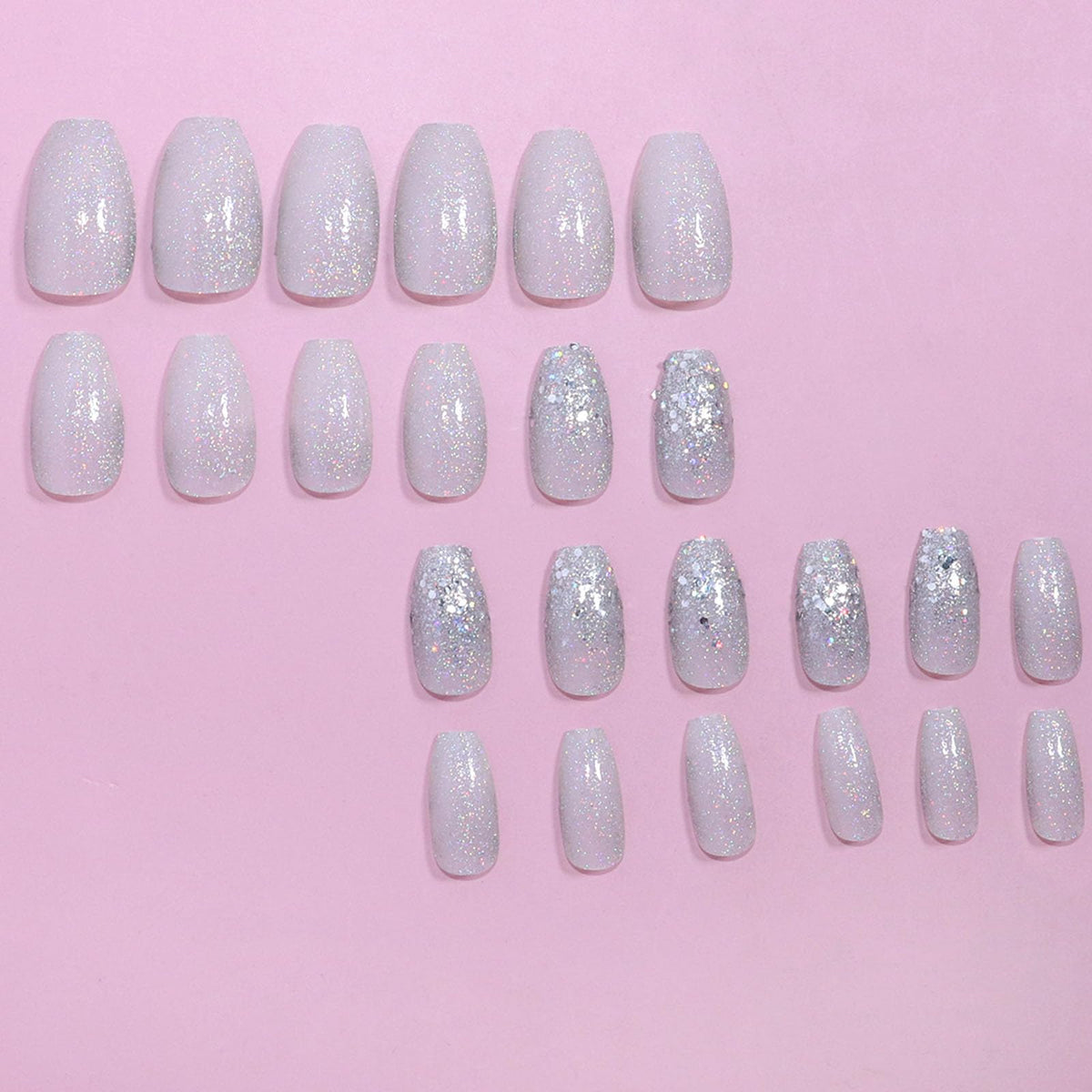 White Press on Nails Short Coffin Fake Nails Silver Glitter and Sequins Designs Glue on Nails Glossy Full Cover Acrylic Nails Simple and Natural Stick on Nails for Women 24 Pcs