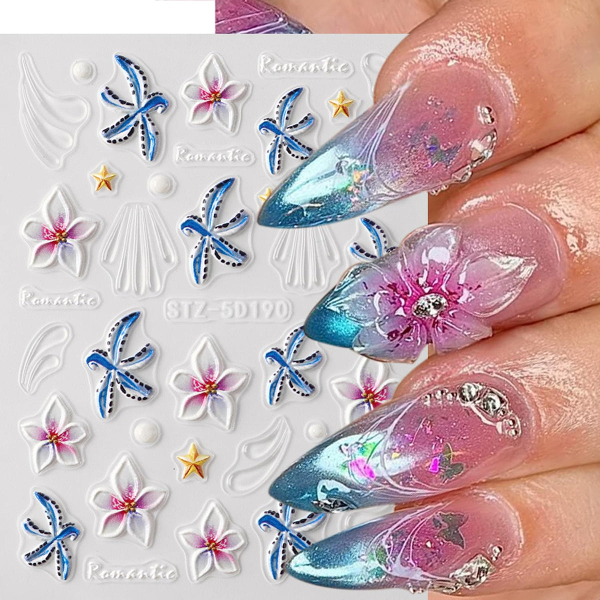 5D Embossed Flower Nail Art Stickers, 5 Sheets Self-Adhesive 3D Floral Nail Decals with Floral, Starfish, Bow & Lemon Designs Cute Summer Nail Art Supplies Sticker for DIY Manicure Decoration