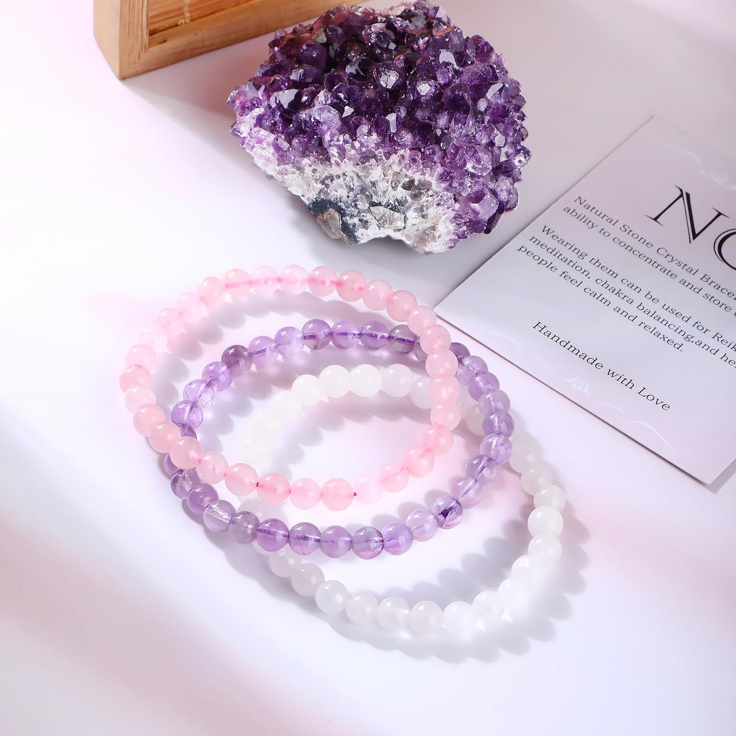 NCB 3-Piece 6mm Natural Crystal Gemstone Stretch Bracelets – ﻿Amethyst, Pink Quartz, White Jade Handmade Reiki Energy Healing Jewelry for Meditation,Yoga, Unisex