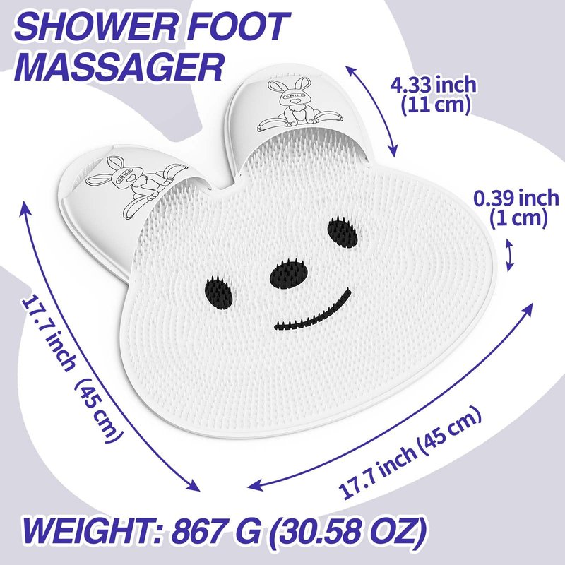 Manmihealth Extra-Large Shower Foot Scrubber Mat with Non-Slip Suction Cups, Rabbit-Shaped Silicone Foot Scrubber in Shower for Men & Women (White)