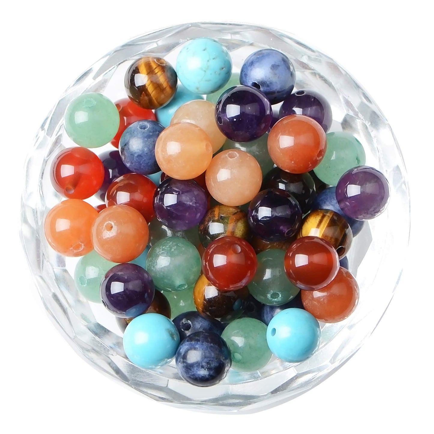 80Pcs Natural Crystal Stone Gemstone Round Loose Energy Healing Beads with Free Crystal Stretch Cord for Jewelry Making (7-Chakra Beads, 10MM)