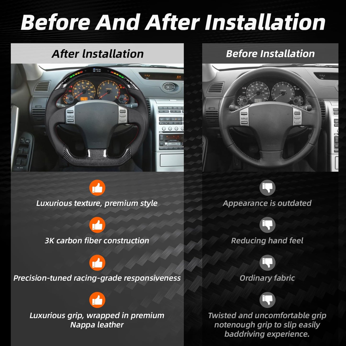 LED Carbon Fiber Steering Wheel for Infiniti 2003-2009 G35 LED Display Indicator D-Shaped Flat Bottom Anti-Slip Perforated Leather for G35 Steering Wheel