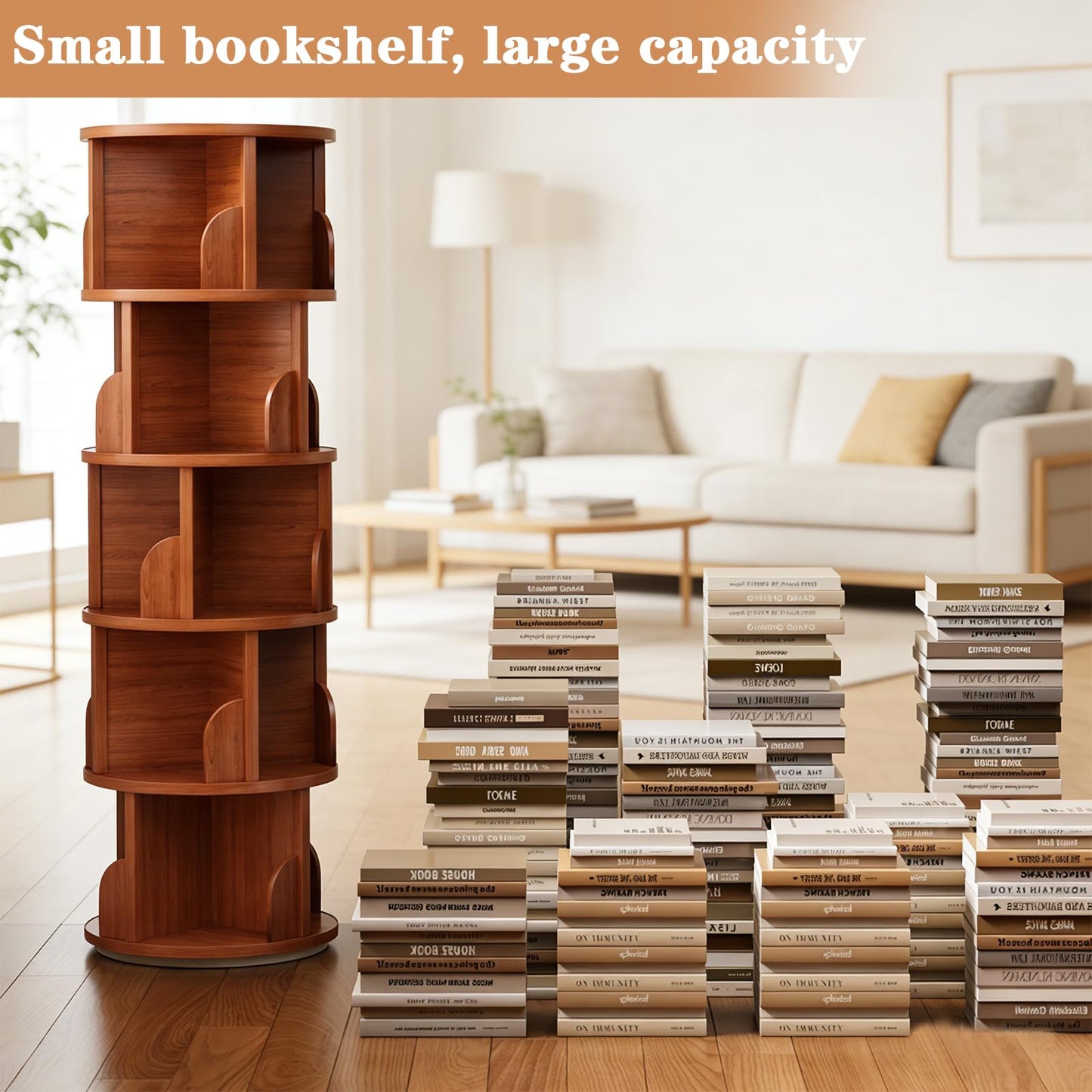 JIANXINGHOOM 5-Tier Rotating Bookshelf,Rolling Bookcase with 360° Spin for Small Spaces, Corner Revolving Organizer for Home Office, Bedroom, Kids Room Walnut Finish