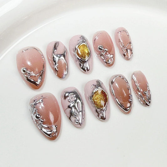 Qicaijia 10Pcs (Size M) Short Almond Handmade Press On Nails - Luxury Brown Ombre Cat’s Eye Fake Nails with Metal Y2K Designs for Women’s Manicure