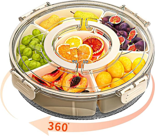Small Divided Serving Tray with Lid and Handle, Stackable Snackle Box Container for Fruits Candy Organizer, Portable Spinning Rounded Veggie Tray for Kitchen, Party, Trave and Picnic-1 Pack