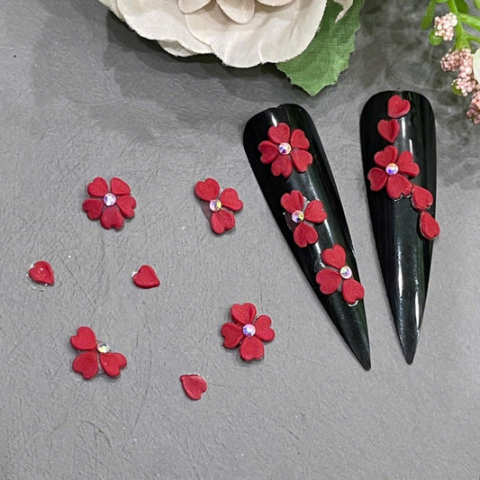 Set Red 3D Flowers for Nails, Handmade 3D Acrylic Flowers for Valentine Nails, Flower Nail Charms Rhinestones Gems by Acrylic Powder Design Deco Nail Art Women Girls (Red Heart)