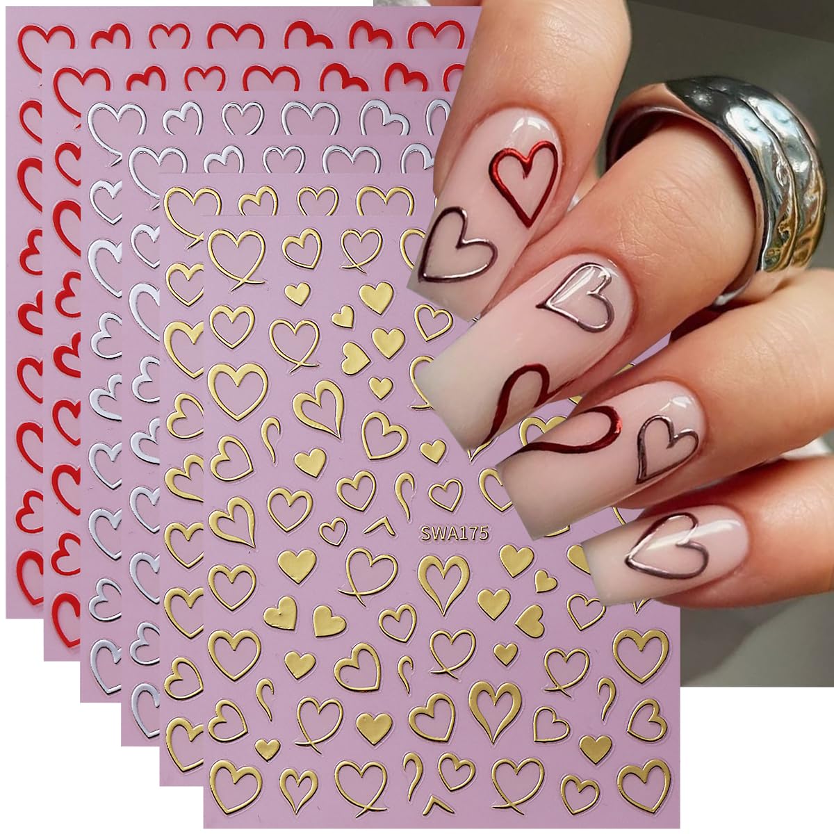 Heart Nail Art Stickers Valentine's Day Nail Decals 6PCS Empty Love Heart 3D Self-Adhesive Valentine Nail Art Decorations Supplies Red Silver Gold Heart Stickers for Nails Women Manicure Design