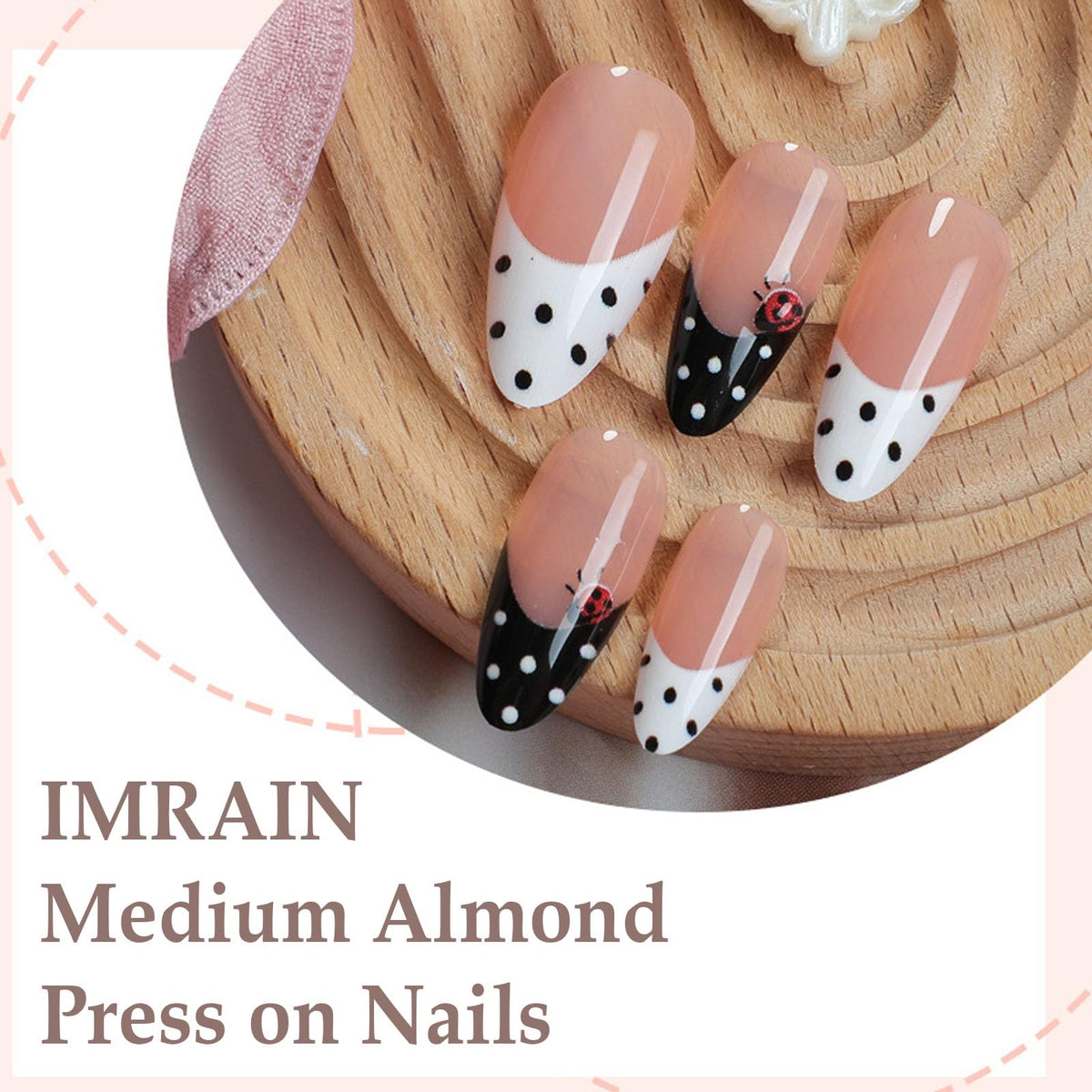 IMRAIN French Tip Press on Nails - Polka Dot, Medium Almond Fake Nails, 3D Red Ladybug Designs, Acrylic Full Cover False Nails, Glossy Black White Glue on Nails for Women Girls 24Pcs