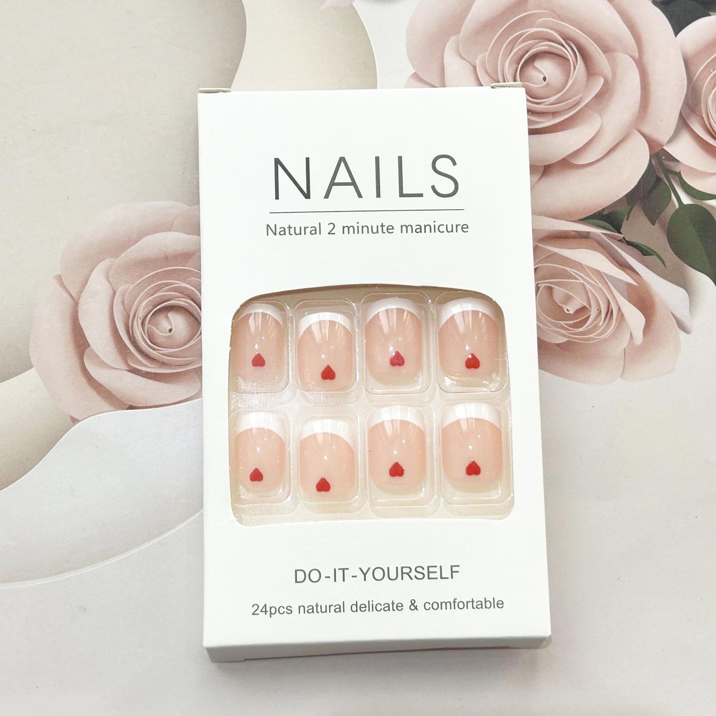 Valentine's Day Press on Nails Short Square Fake Nails White French Tip False Nails Red Hearts Designs Stick on Nails Full Cover Glossy Nude Glue on Nails for Women Holiday Nail Decorations 24pcs