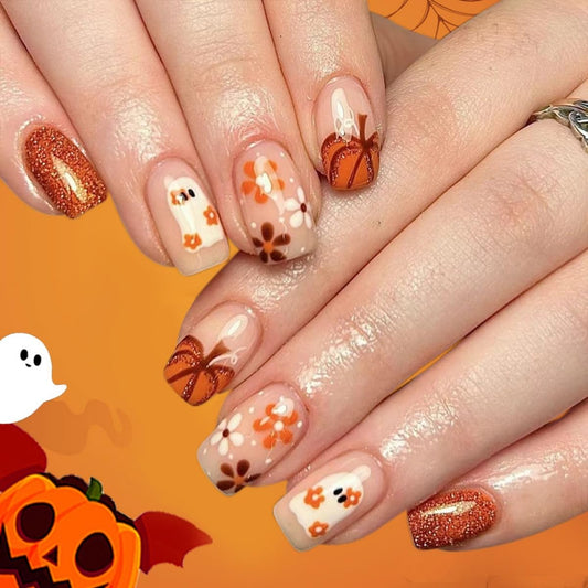 24Pcs Halloween Press on Nails Short Square Fake Nails Cute Ghost Nails Press Ons Pumpkin Orange Glitter Design Stick on Nails Artificial Full Cover Acrylic Glue on Nail for Women Girl Manicure