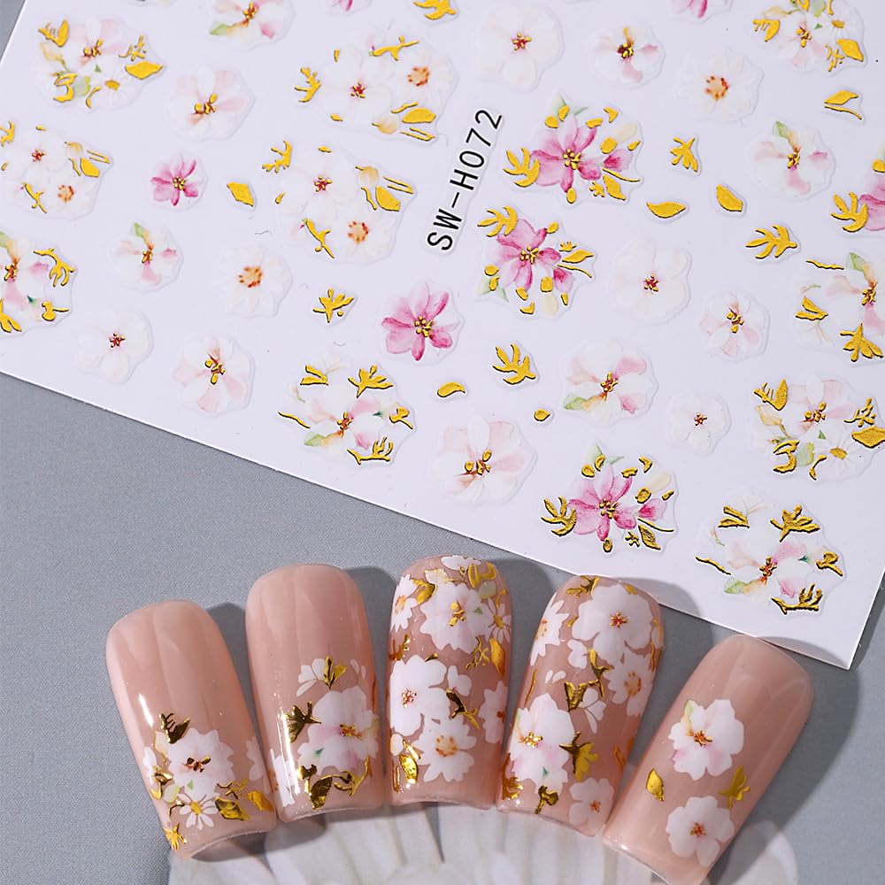 Cherry Blossoms Nail Art Sticker Decal 6Pcs 3D Elegant Self-Adhesive Nail Stickers Gold Leaves Nail Decal Pink Floral Nail Supply Spring Summer Flower Nails Design for Women Manicure DIY Decoration