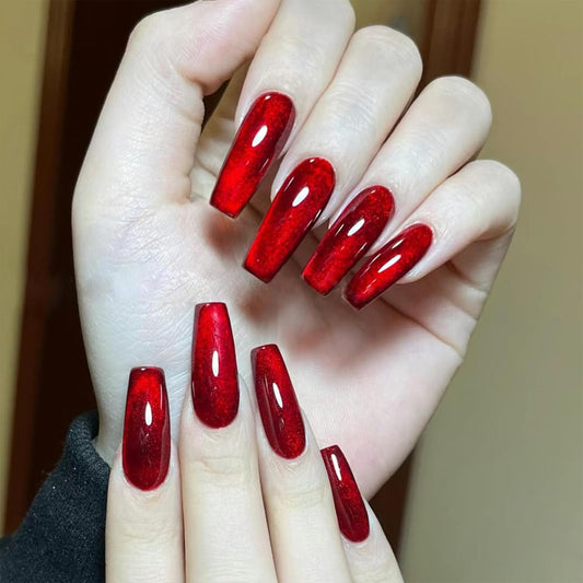 MISUD Press on Nails - Long Coffin Fake Nails with Red Cat Eye, Acrylic Bling Design 30 pcs