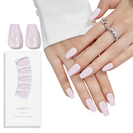 Cat Eyes Press On Nails,12 Sizes - 24 Pcs Soft Gel Purple Medium Coffin Fake Nails Kit with Nail Glue, Natural Reusable Stick On False Nails for Women and Girls (Skycloud Short Light Purple) SK0716