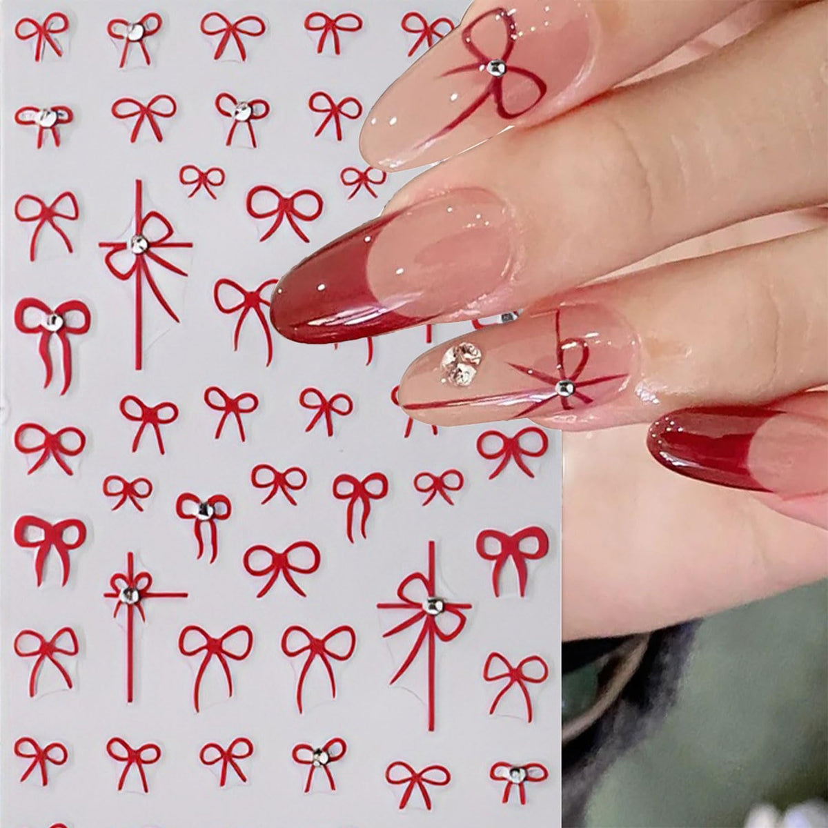 4 Sheets Nail Stickers Bow Nail Art Stickers 5D Rhinestones Relief Cute Red Block Bow Design Nail Supplies for Women Valentines Nails DIY Manicure Decorations