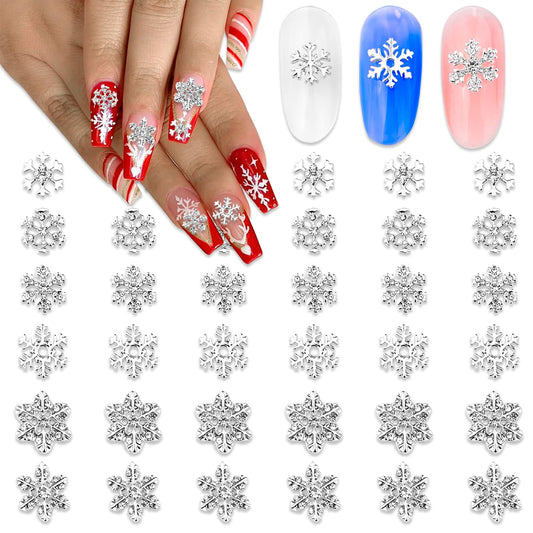 SILPECWEE 36pcs Silver Snowflake Nail Charms Jewels 3D Flat-Back Nail Rhinestone Charms Alloy Christmas Charms for Nails Hollow Nail Studs Nail Art Decoration for DIY Salon Nail Accessories