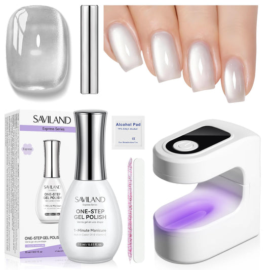 SAVILAND Glassy Cat Eye One-Step Gel Polish Kit: 5-In-1 Jelly Silver Magnetic Gel Nail Polish with Fast Curing Mini U V Nail Lamp Magnet CatEye Nails Home Easy To Use Women Gift 15ML Travel