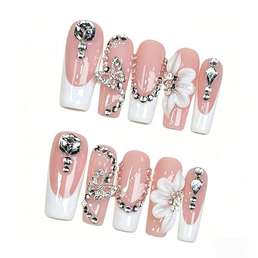 Handmade Press on Nails Long Square - Butterfly & Diamond Necklace Design Fake Nails, Luxury White French Tip False Nails with 3D Flower, 10 Pcs for Women (Size M)