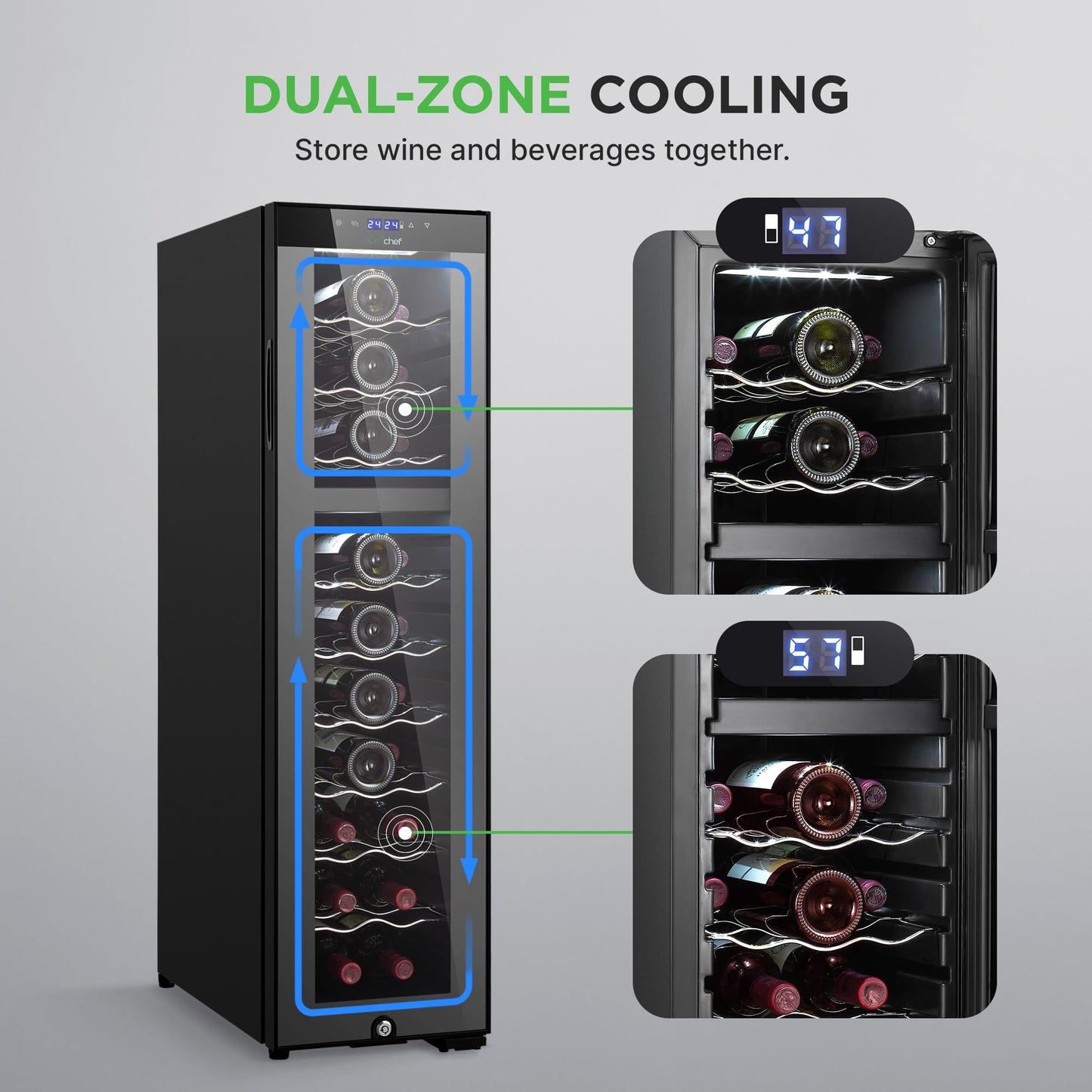 NutriChef 27 Bottle Wine Fridge | Dual Zone Wine Chiller | Adjustable Temperature 41°F to 64°F | Ultra Quiet Operation | Wine Cooler For Home, & Office | Free Standing 43x11x23 IN | Black