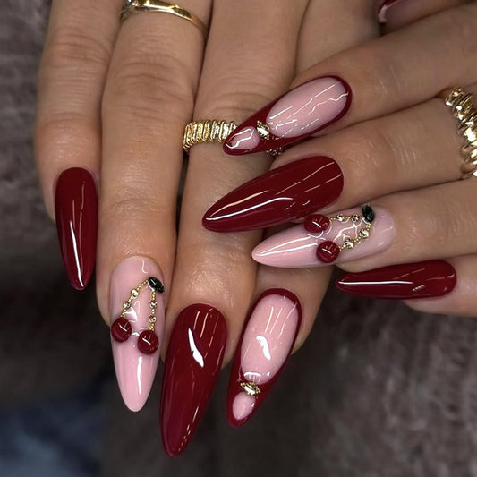 Long Almond Press on Nails for Women,Cherry & Gold Accents,Fake Nails Artificial Stick on Nails