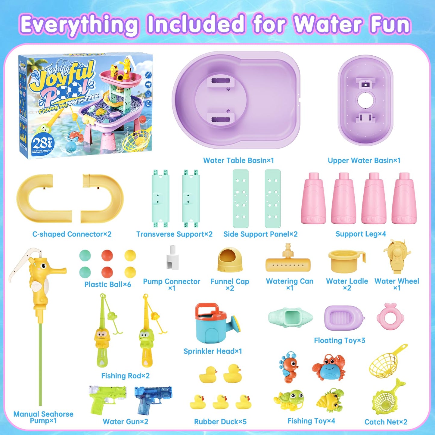 CRATIVWOOD Toddler Water Table for Kids - Sand and Water Table with 28PCS Toy Accessories & Rain Shower Sprinkler, Outdoor Sensory Water Play Table, STEM Toy Summer Gift for Boys Girls Ages 3-8
