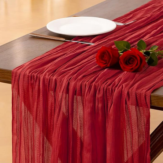 Socomi Red Cheesecloth Table Runner Summer Boho Rustic Gauze 120 inch 10FT Cheese Cloth Sheer Runner for Wedding Party Baby Shower Birthday Home Decor Holiday Decorations