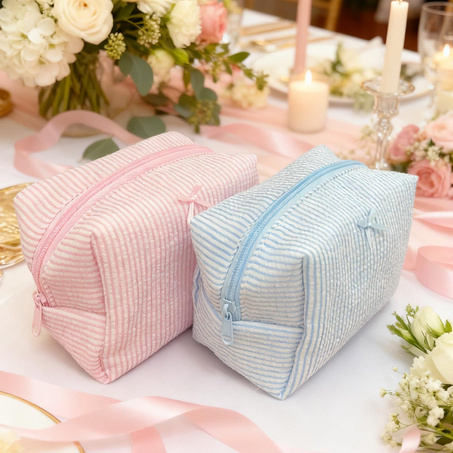 10 Pcs Cotton Quilted Makeup Bags Bulk-Valentines Day Gifts Bow Stripe Cosmetic Pouch Bridesmaid Gifts Makeup Pouch with Zipper Travel Portable Case Preppy Gifts for Women (Pink)